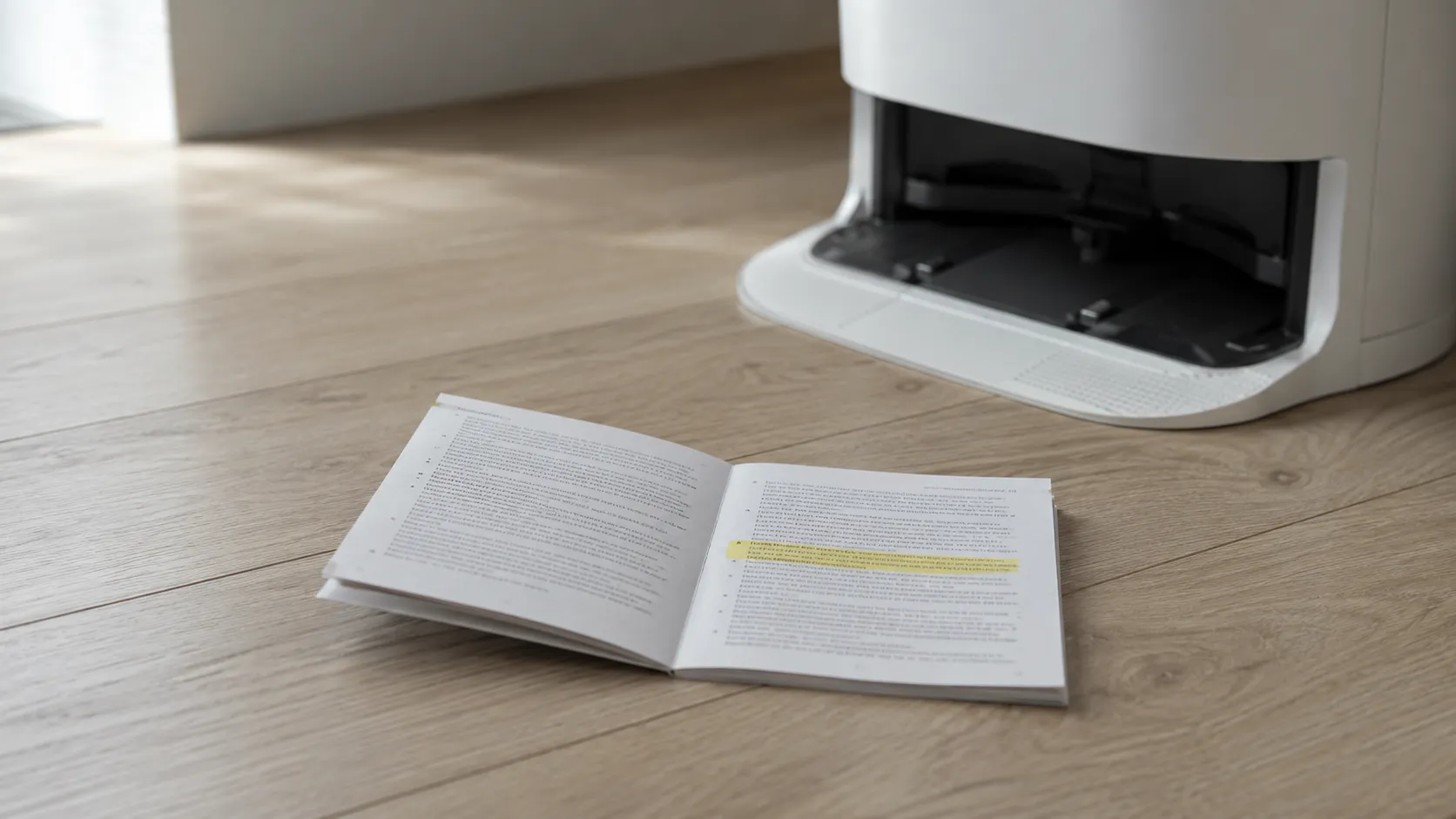 Open robot vacuum dock instruction manual with the thermal protector clause highlighted beside the matching self-emptying dock.