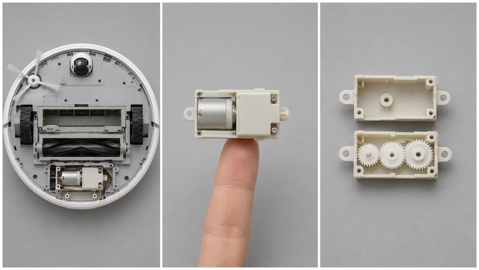 Three-panel view of a robot vacuum with the bottom cover removed, the drive module extracted, and the gear case opened to reveal three plastic gears.