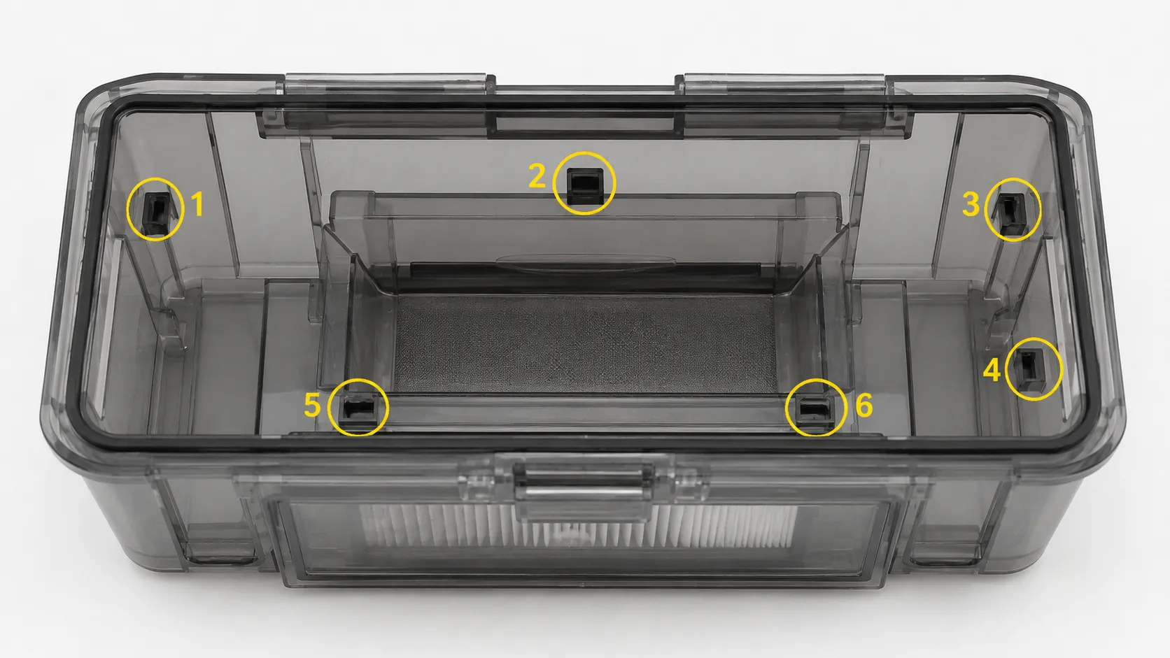 Overhead view of a translucent robot vacuum dust bin with all six optical sensor ports circled and numbered for cleaning.