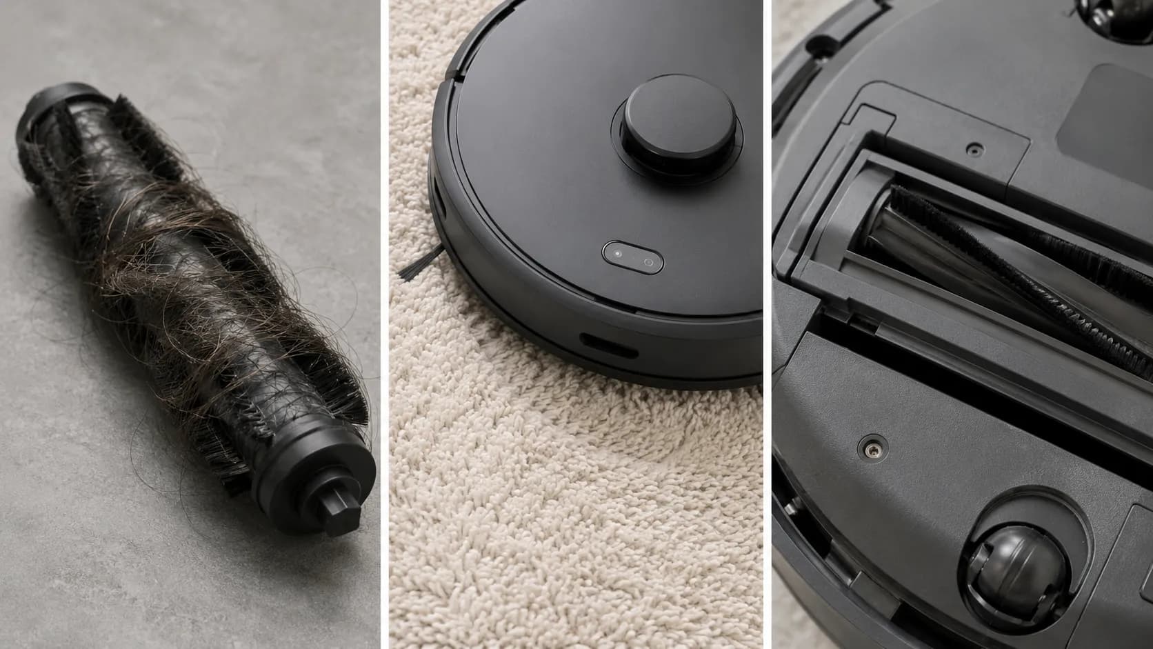 Triptych showing three robot vacuum error causes: hair tangled around the roller brush, thick high-pile carpet and a misaligned brush module.