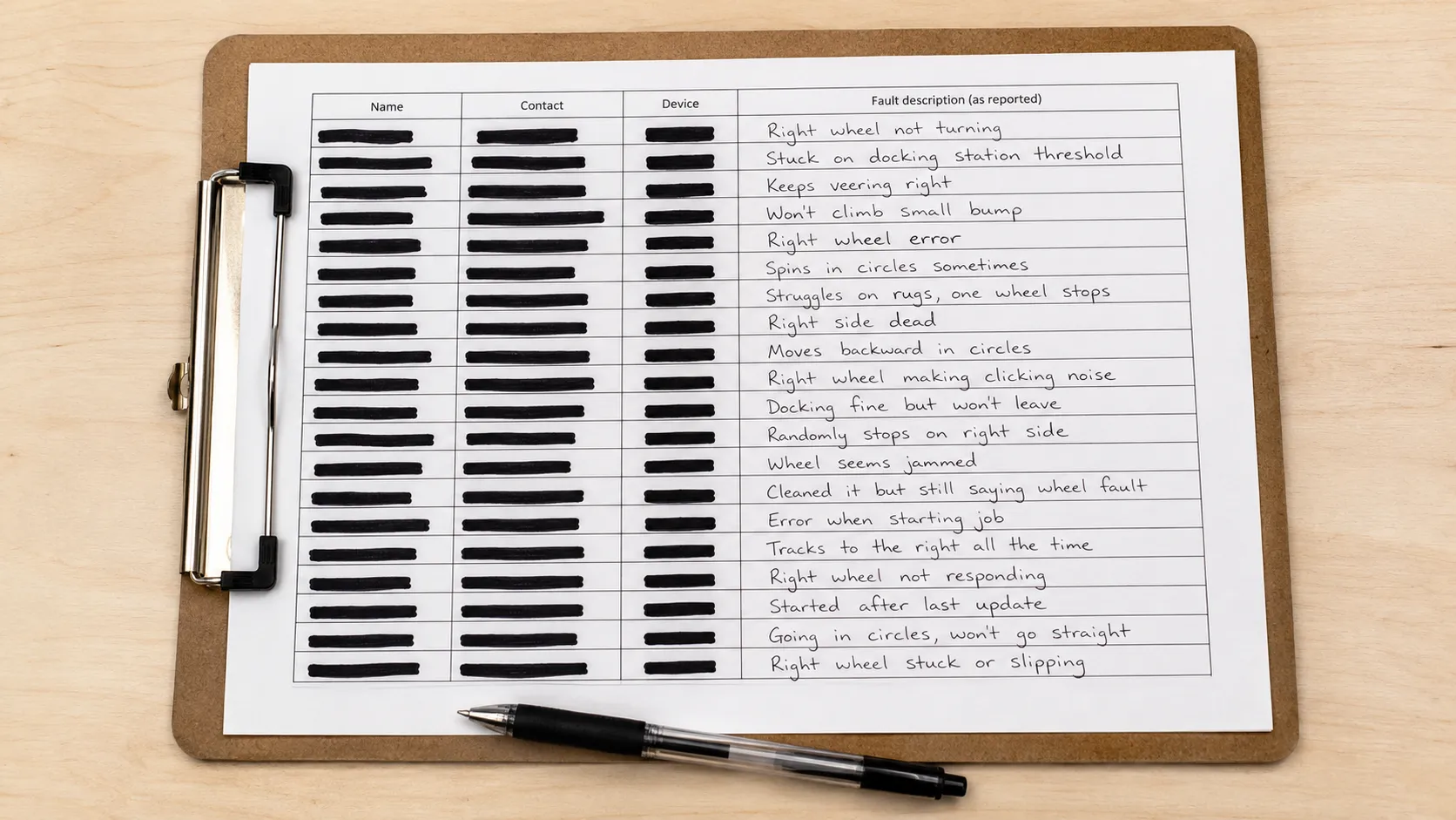 Overhead view of a redacted robot vacuum service intake sheet showing handwritten owner descriptions of wheel, docking and navigation faults on a clipboard.