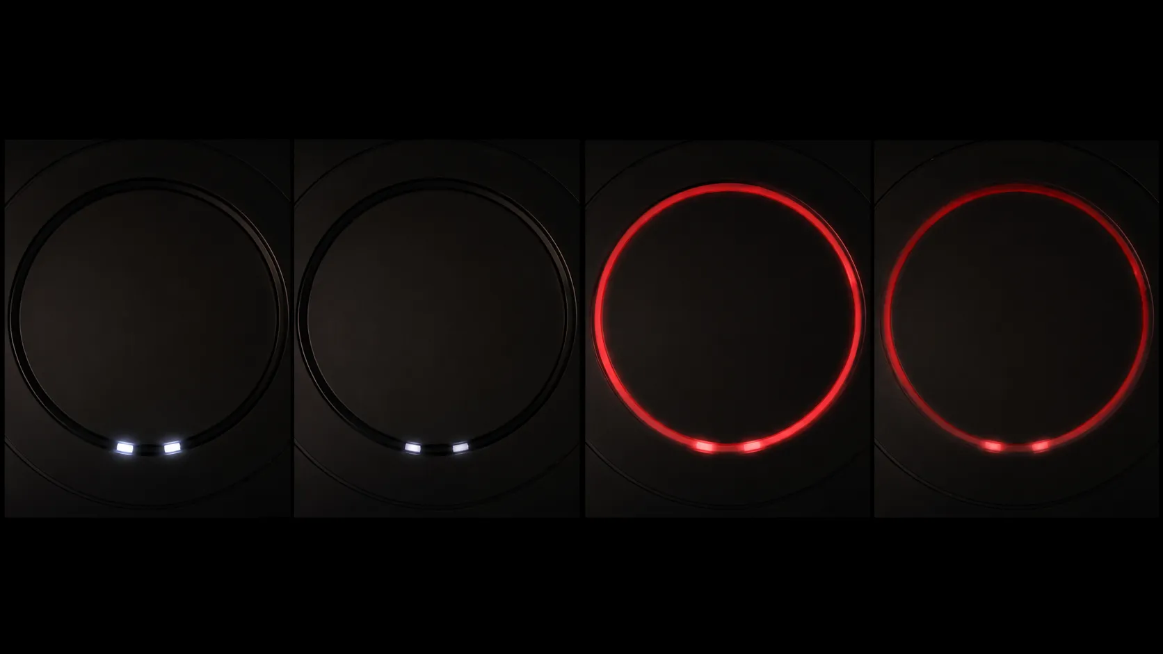 Four-frame comparison of a robot vacuum hibernation pulse with faint white LEDs and a low-battery warning shown by a dim red light ring.
