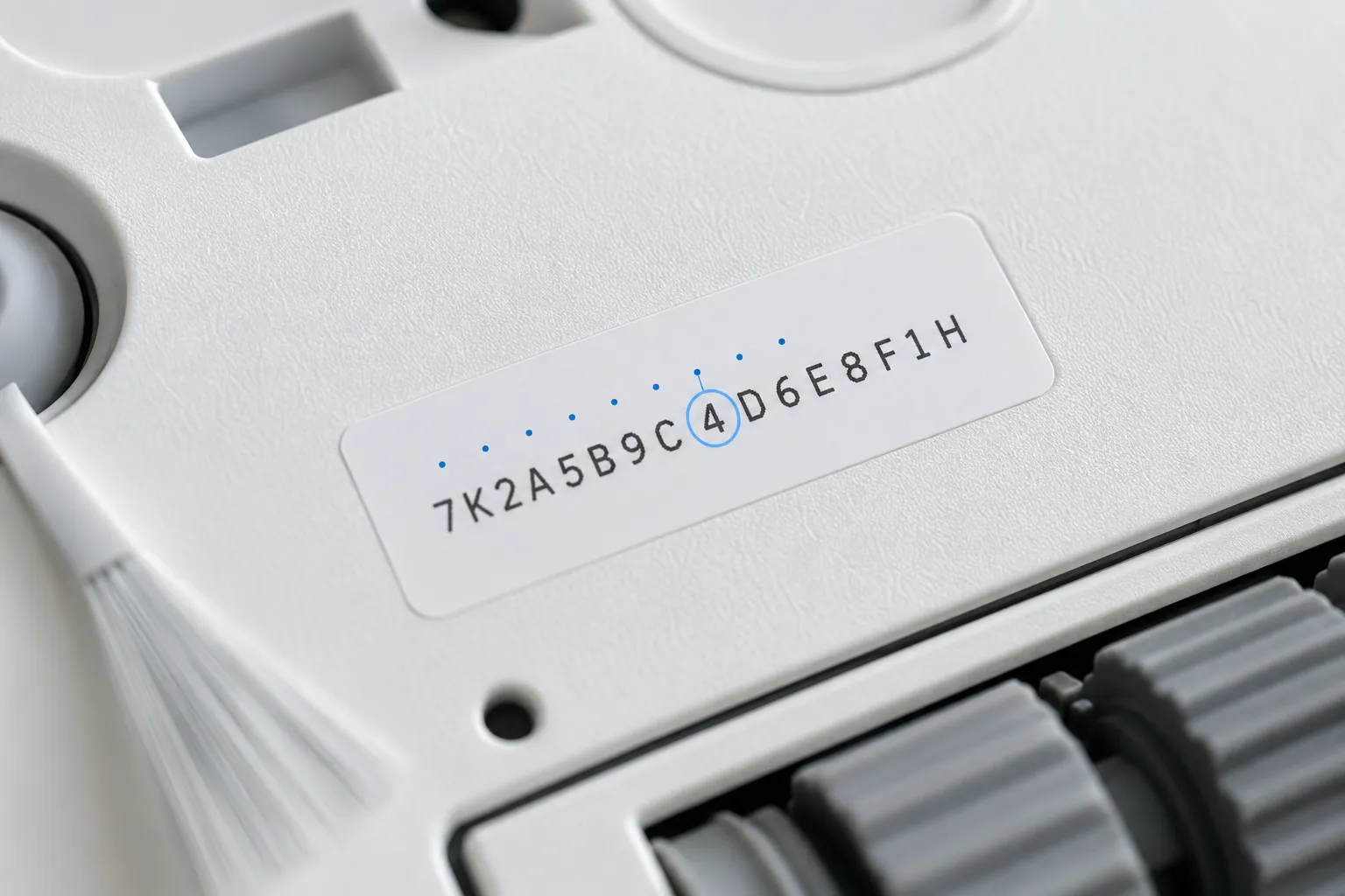 Close-up of a robot vacuum underside showing the serial number label with the eighth character circled and counted using blue markers.