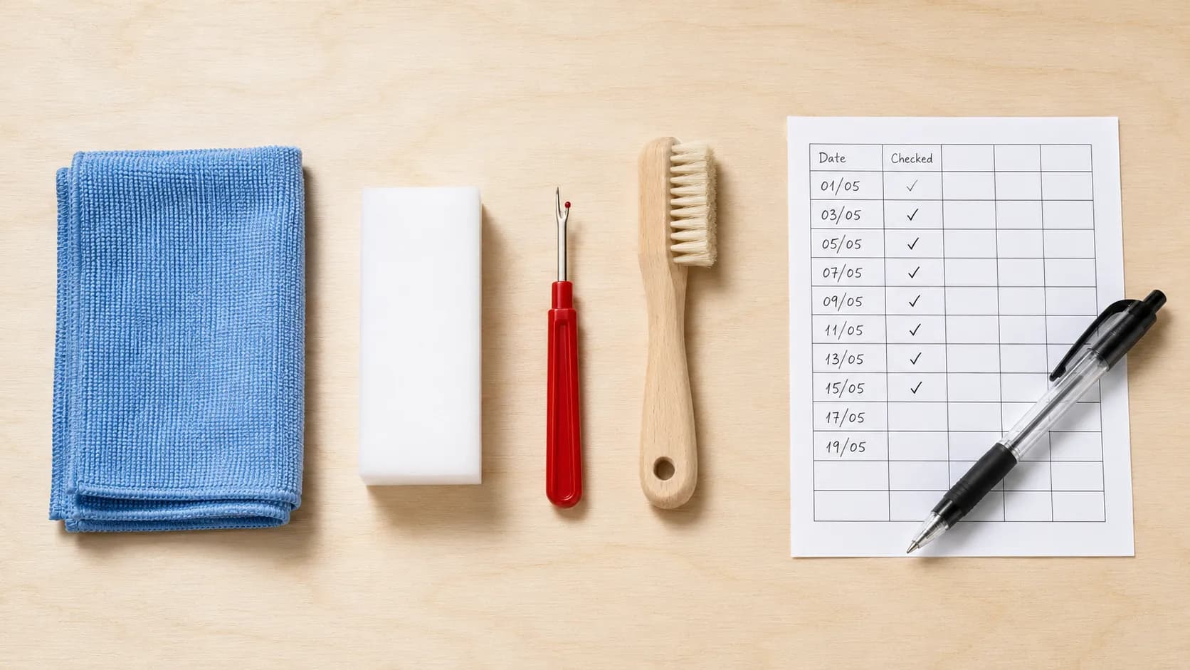 Overhead view of a robot vacuum maintenance kit with a microfibre cloth, cleaning block, seam ripper, brush and monthly checklist on a pale wooden surface.