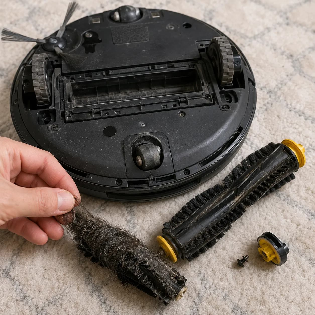 robot vacuum brush wrapped in hair stopping pickup