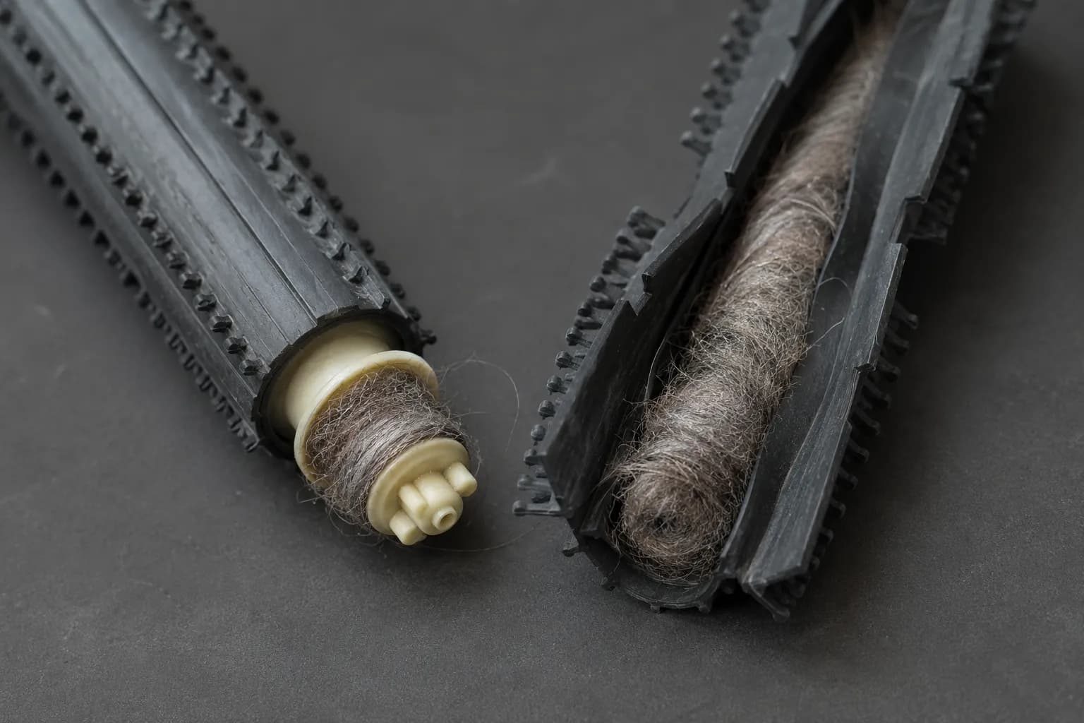 Close-up of a detached pale yellow bearing cap with hair wrapped around the roller peg beside an opened rubber roller brush packed with compacted grey hair.