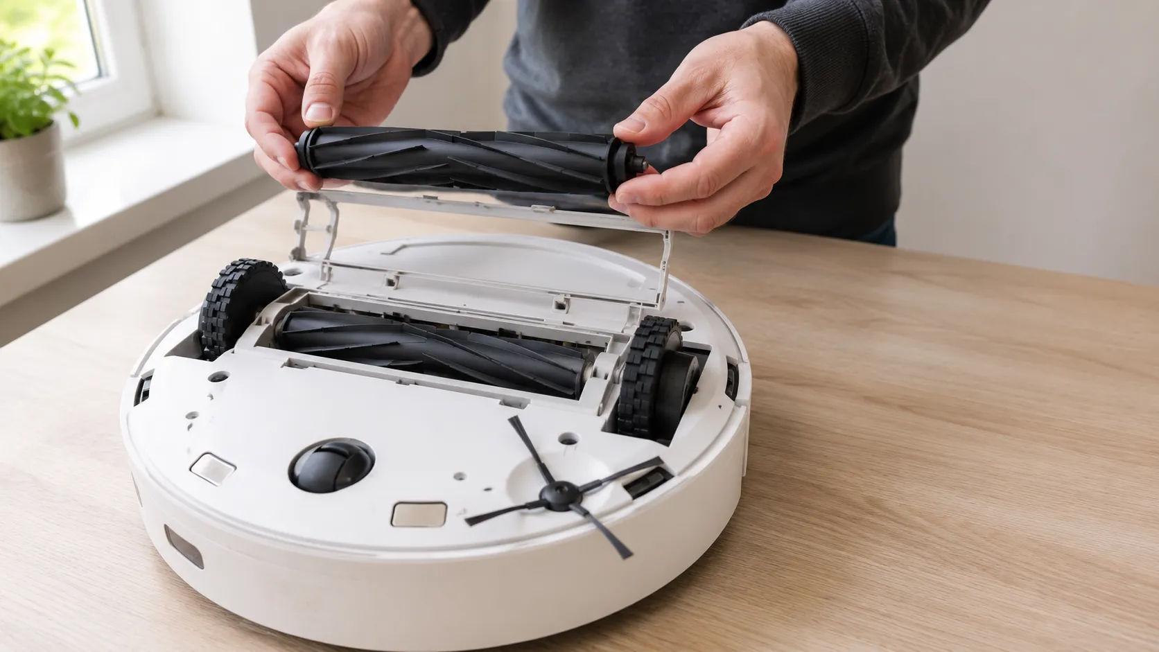 Hands removing a dark rubber roller brush from an inverted white robot vacuum with the brush guard open and the second roller still seated.