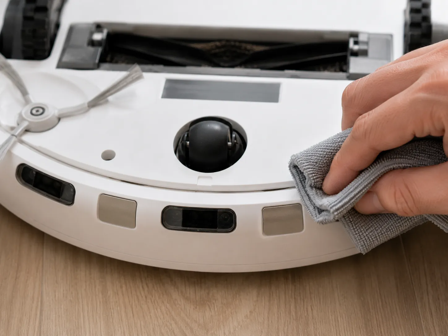 cleaning robot vacuum cliff and bumper sensors with a cloth
