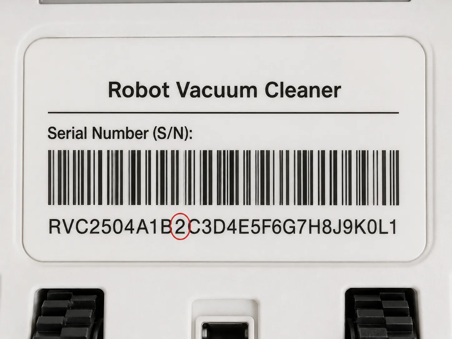 Close-up of a robot vacuum serial number label with the eighth character marked to help determine whether repair or replacement is appropriate.