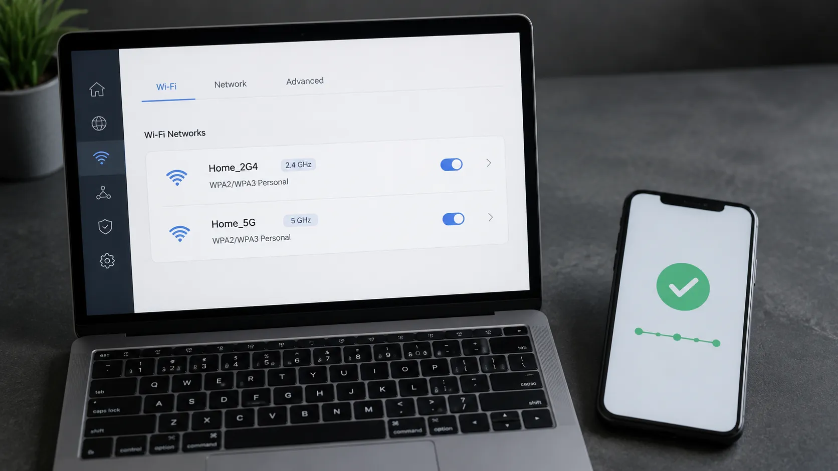 Laptop showing separate 2.4 GHz and 5 GHz Wi-Fi networks beside a smartphone displaying a successful robot vacuum setup confirmation.