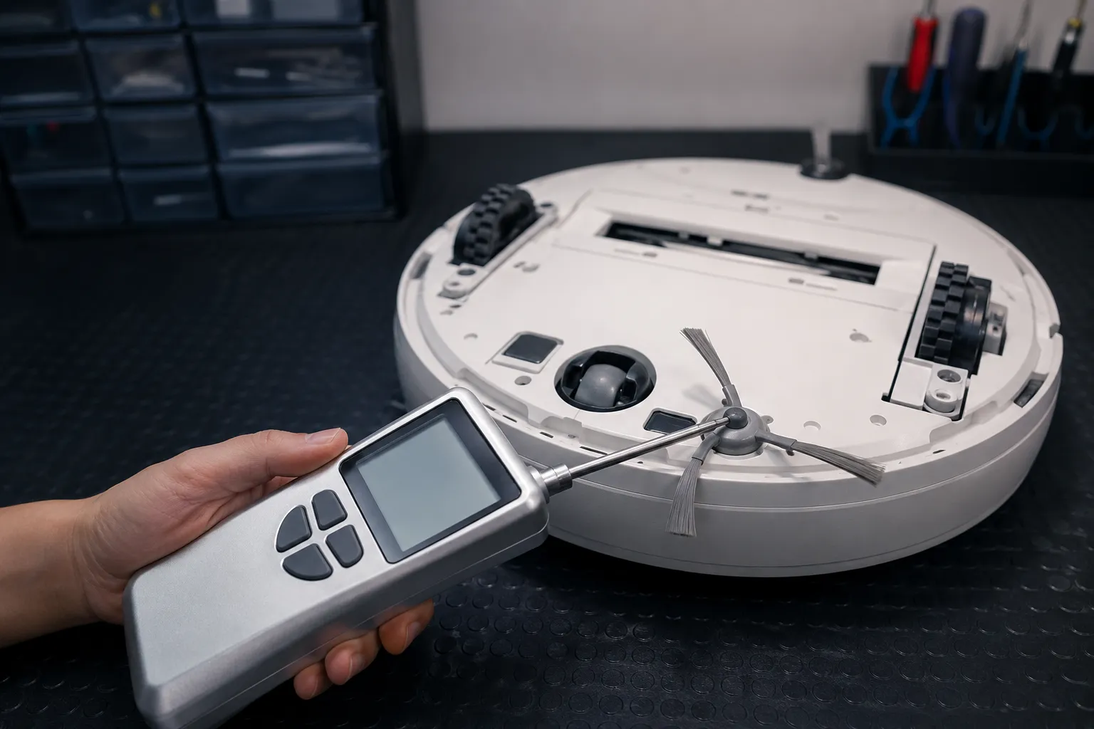 Digital force gauge pressing against a robot vacuum side brush on an inverted robotic vacuum during a bench stiffness test.