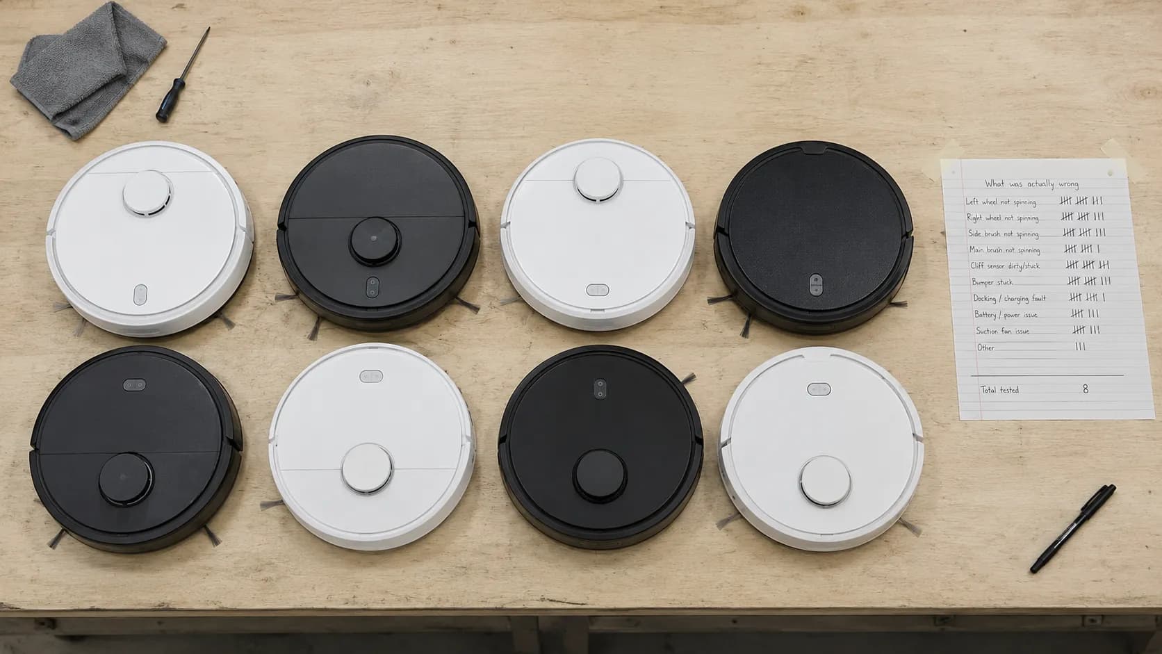 Eight robot vacuums arranged on a birch workbench beside a handwritten diagnostic tally sheet and repair tools.