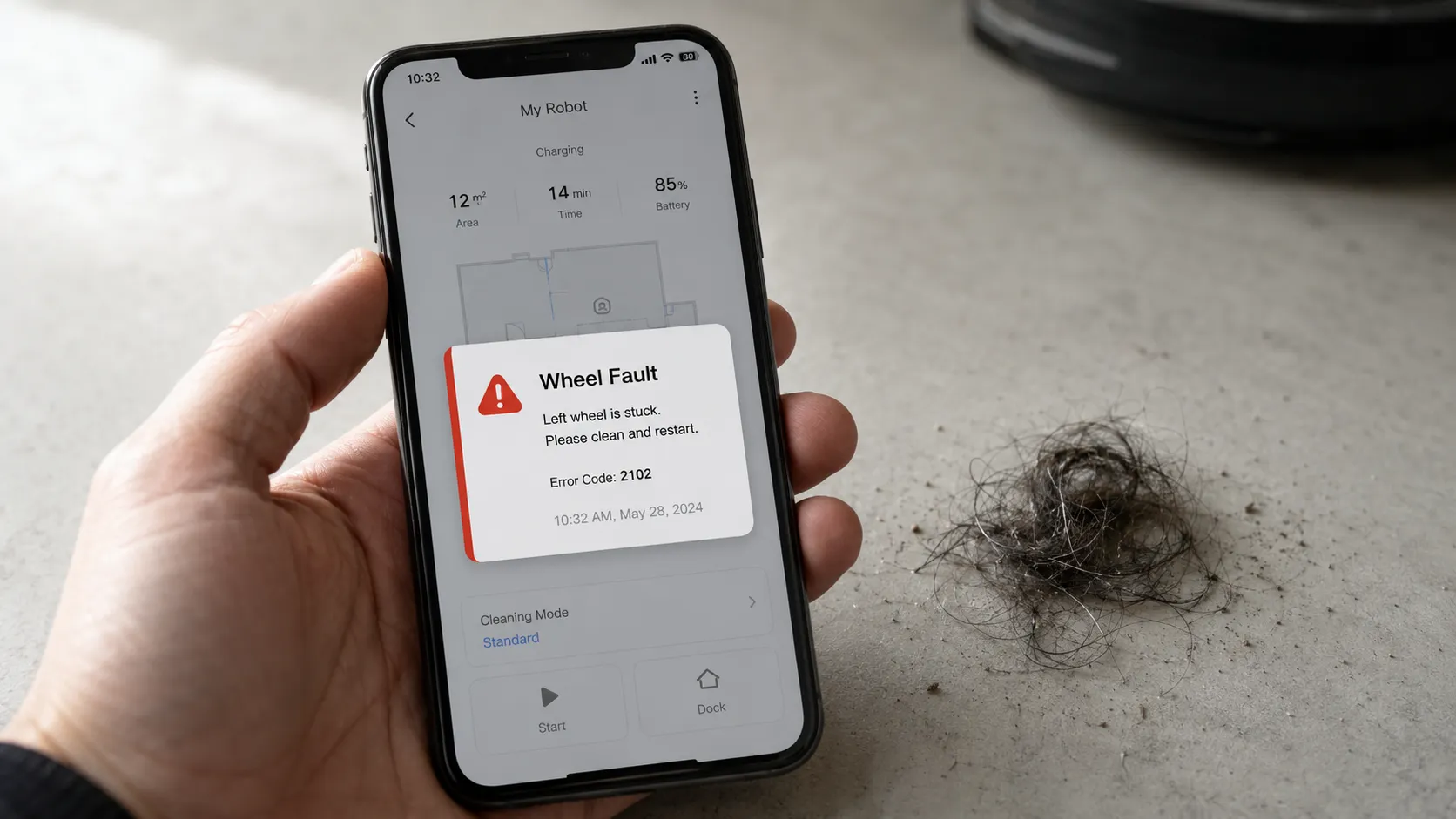 Smartphone displaying a robot vacuum wheel fault error notification beside a small pile of extracted hair on a grey surface.