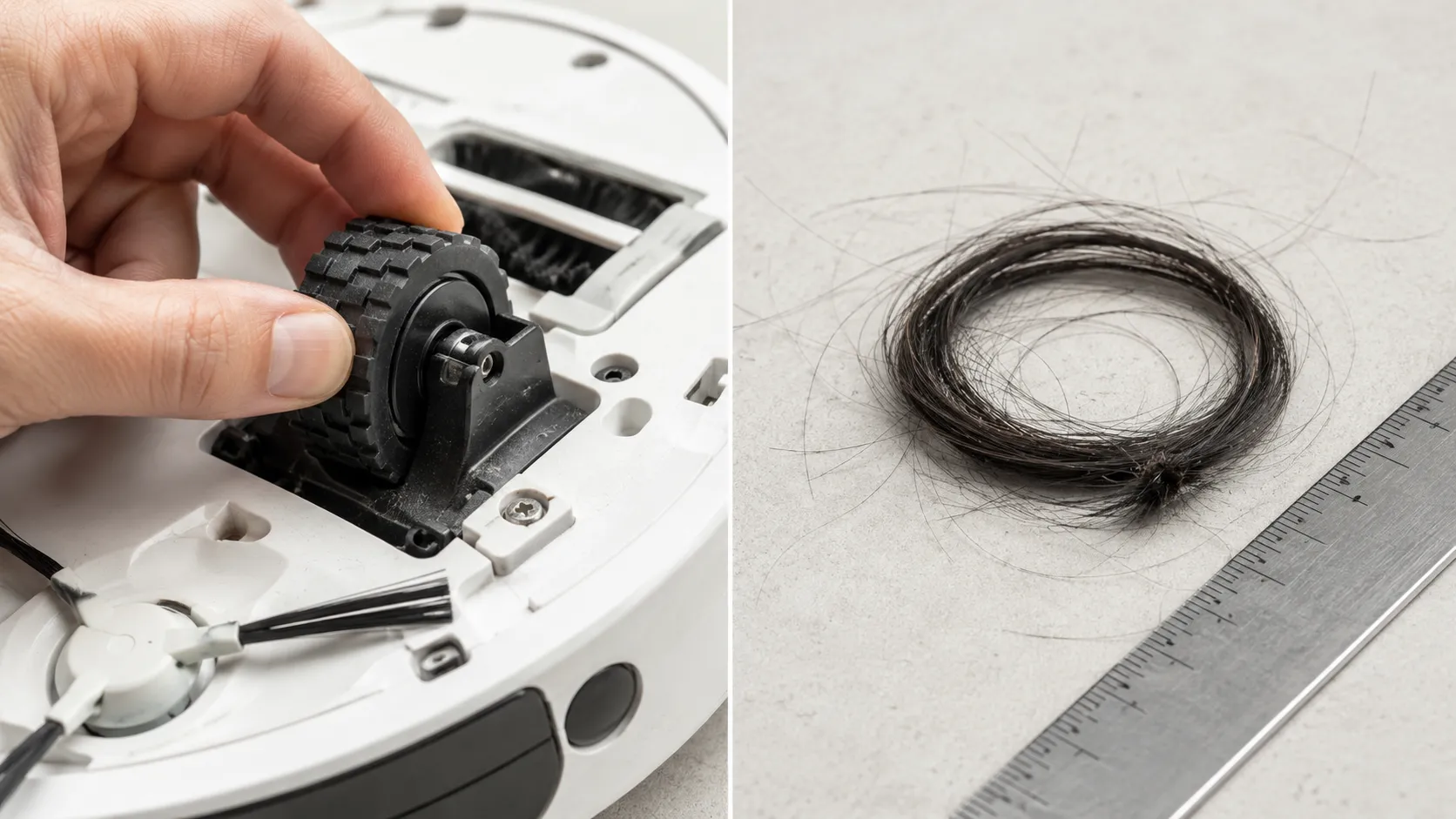 Close-up of a hand rotating a robot vacuum wheel beside a coil of removed hair and a steel ruler.