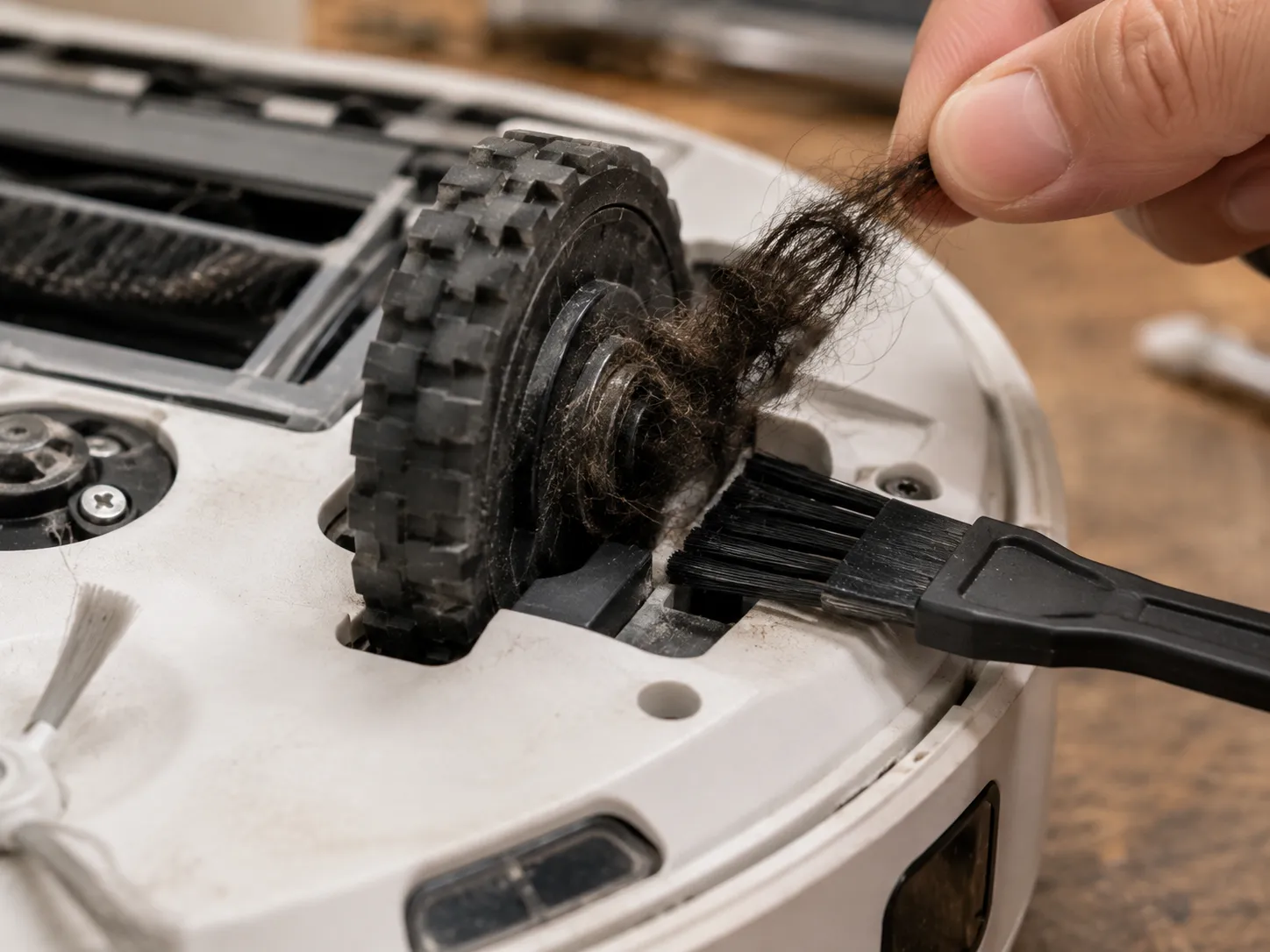 hair tangled around a robot vacuum drive wheel and encoder