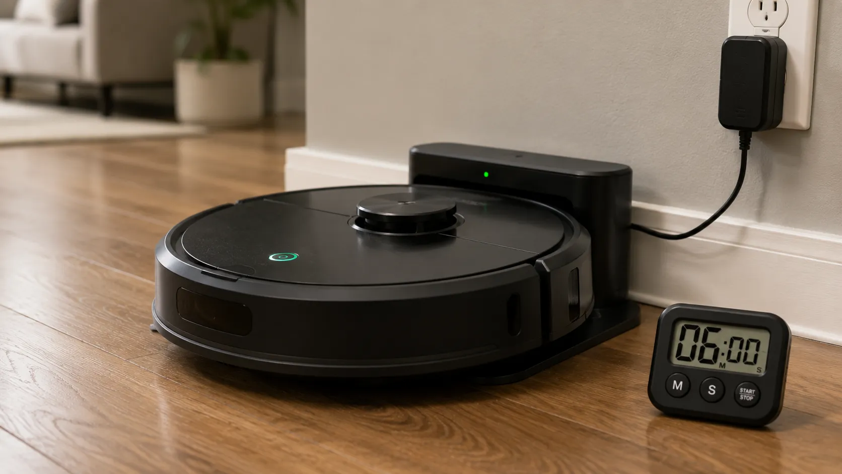A robot vacuum charging on its dock with a timer showing the minutes it took to wake after a deep discharge.