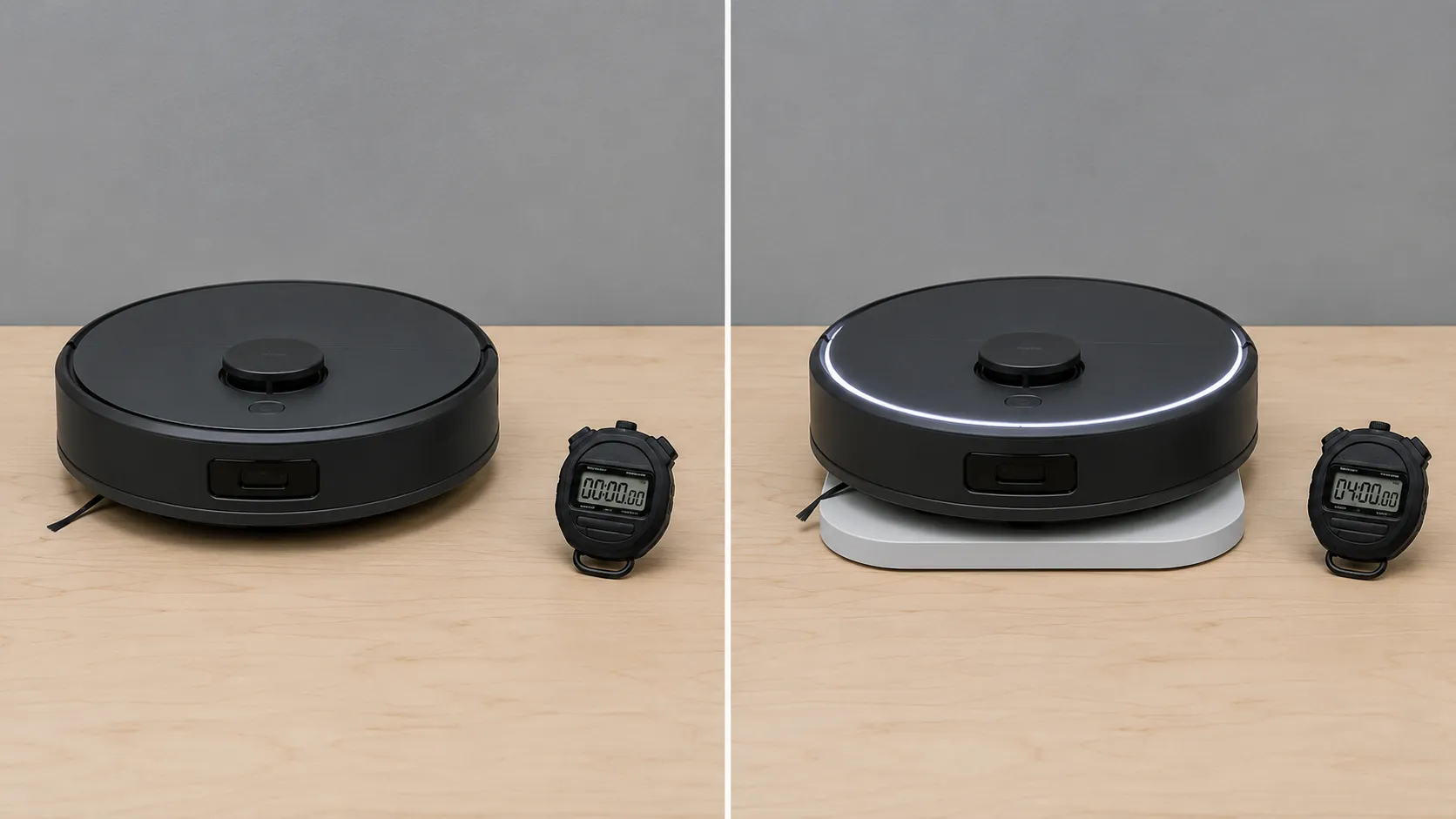 Before-and-after comparison of a Roomba 105 Combo remaining dark on a workbench, then lighting up on its dock four minutes after the Ship Mode cycle.