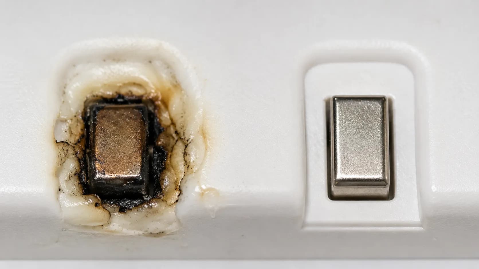 Close-up comparison of a scorched Roomba 600-series dock contact with melted plastic beside a clean, undamaged charging contact.