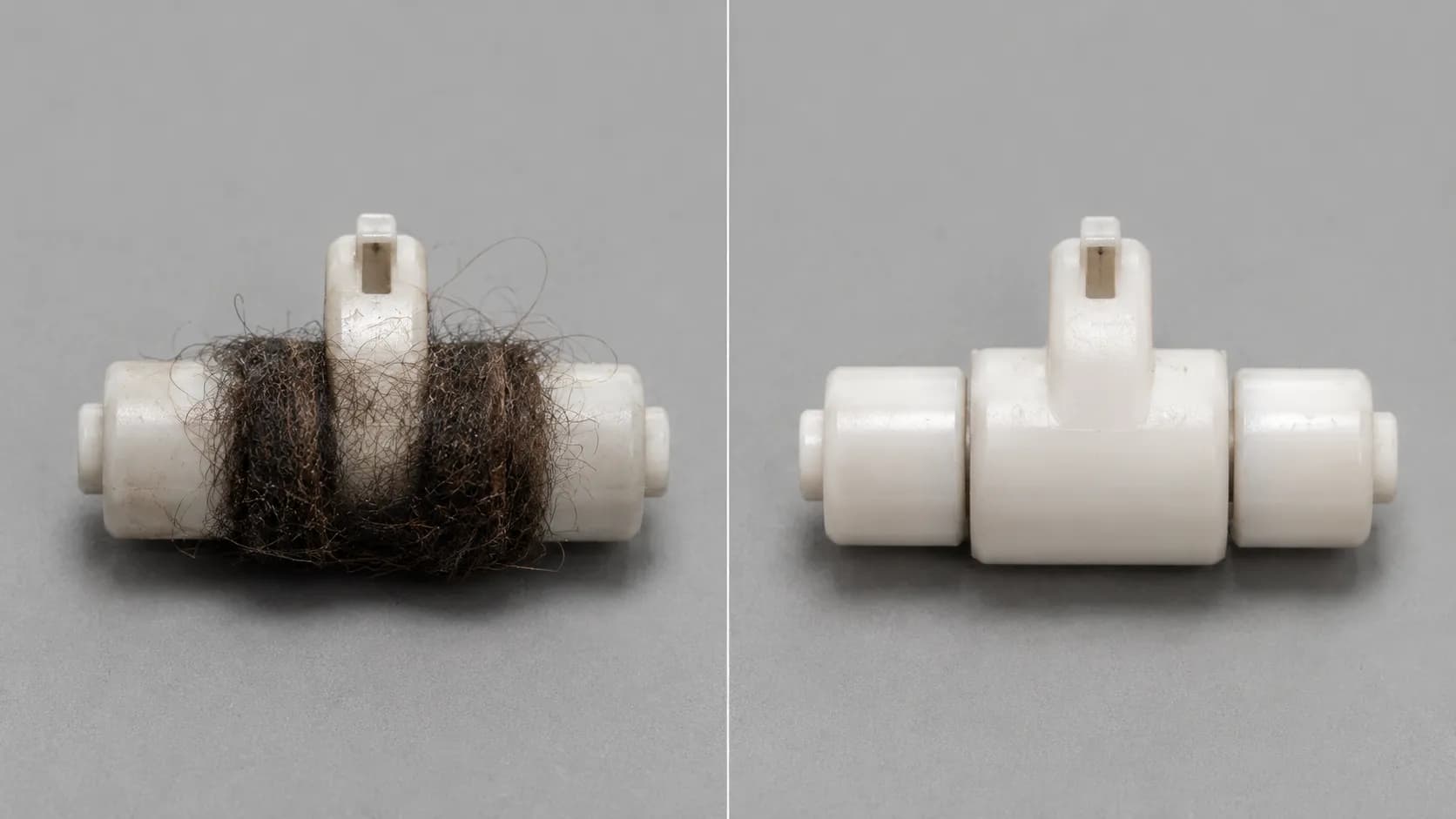 Before-and-after macro comparison of a Roomba 675 caster axle showing thick hair wrapped around the axle on the left and the same axle completely clean after five minutes on the right.