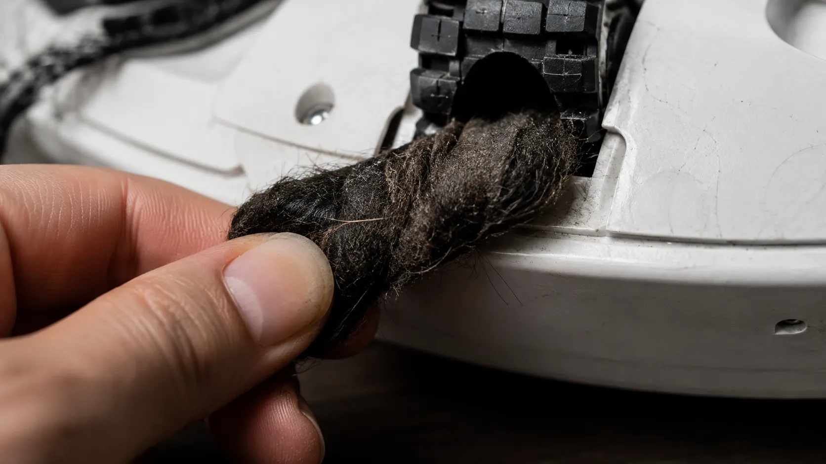 Close-up of compacted hair being removed from the wheel well of a Roomba 675 robot vacuum during maintenance.