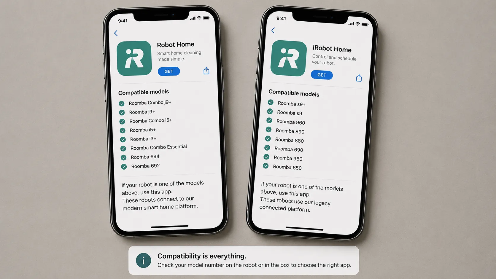 Two smartphones comparing robot vacuum app compatibility lists to help users choose the correct app for their Roomba model.
