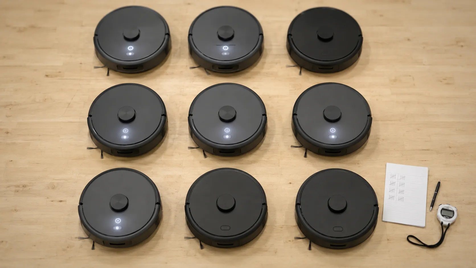 Nine robot vacuums arranged on a workbench during bench testing, with six showing indicator lights within 60 seconds beside a tally sheet and stopwatch.