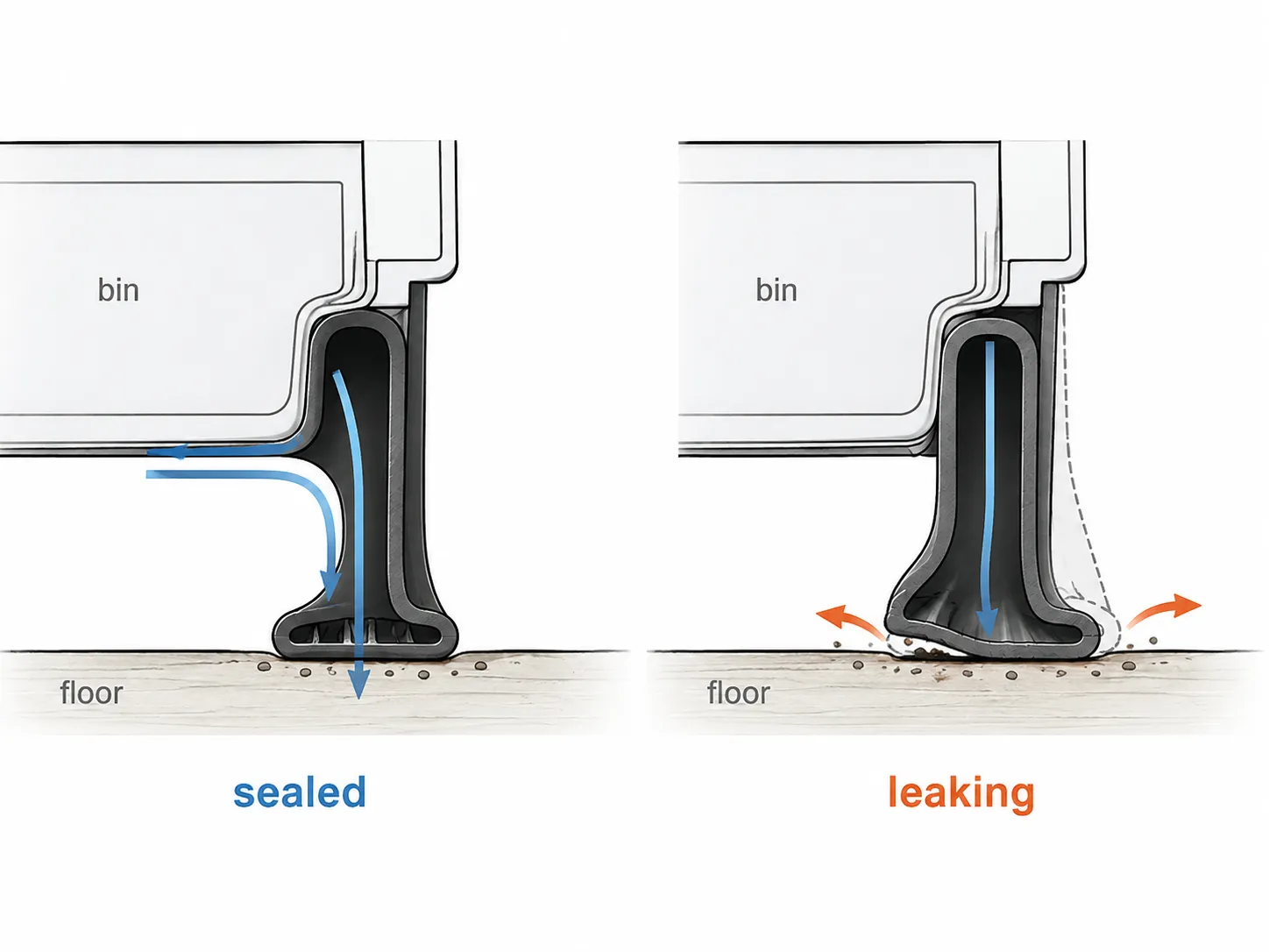 Cross-section diagram showing how an upright Roomba bin skirt creates a proper seal while a collapsed skirt leaves a gap that allows air to leak sideways.