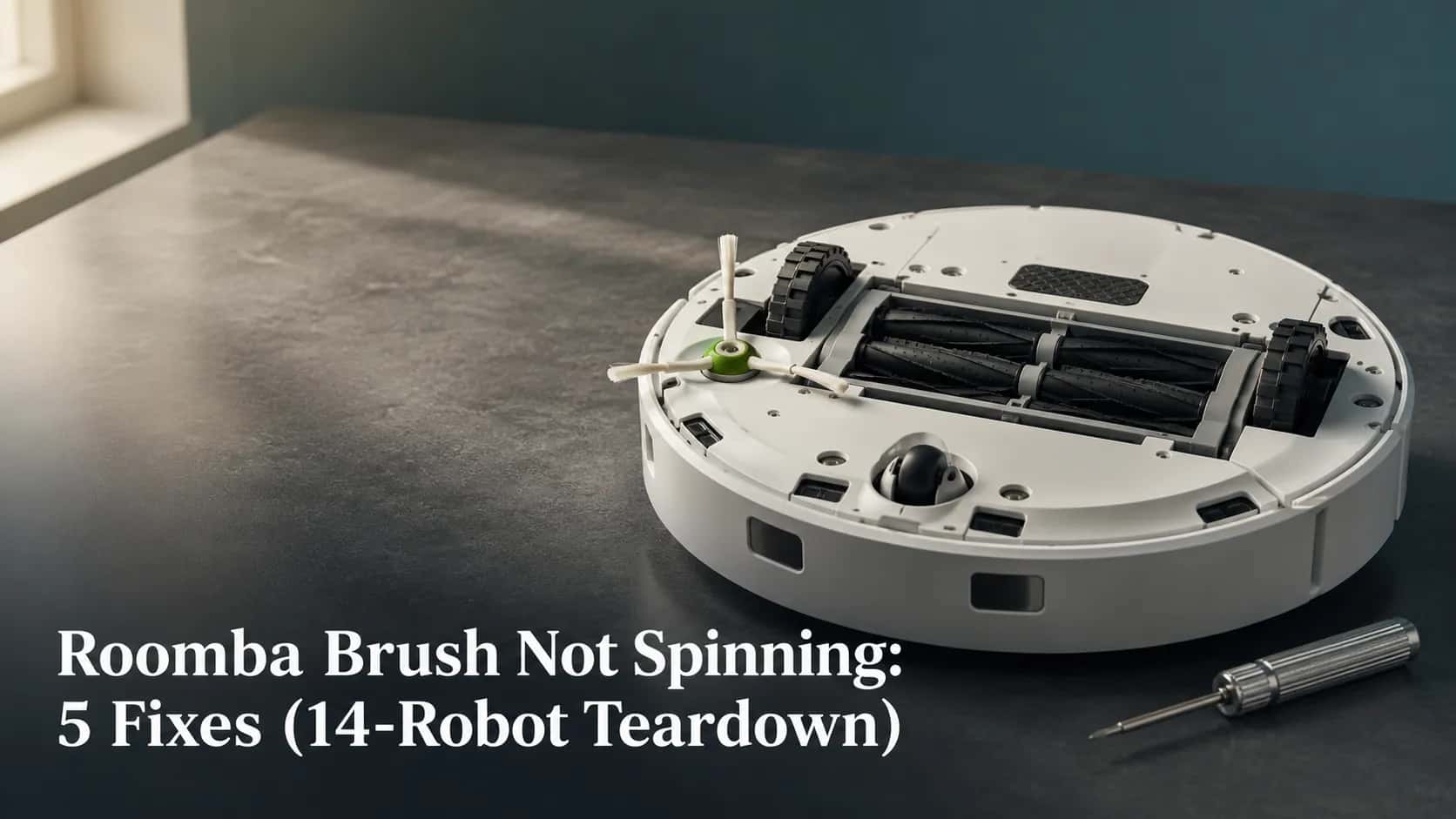 Upside-down Roomba on a workbench showing the side brush and rubber rollers for a brush-not-spinning repair guide.