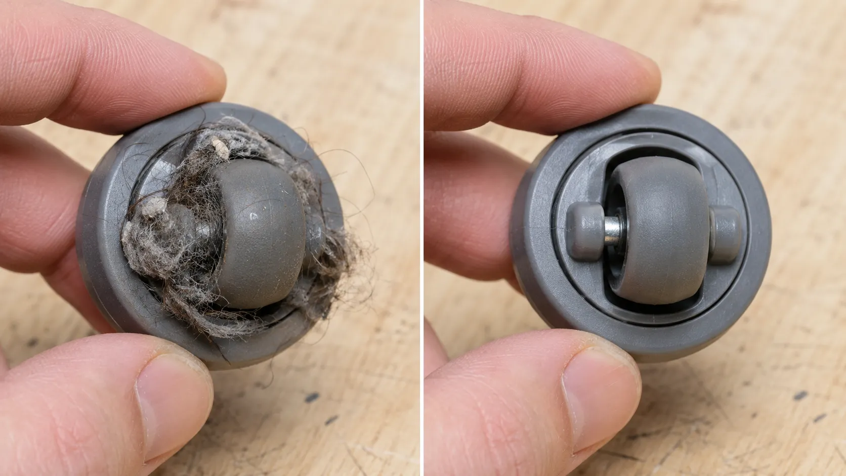 Before-and-after close-up of a Roomba caster wheel packed with hair and lint, then fully cleared to restore proper dock contact.