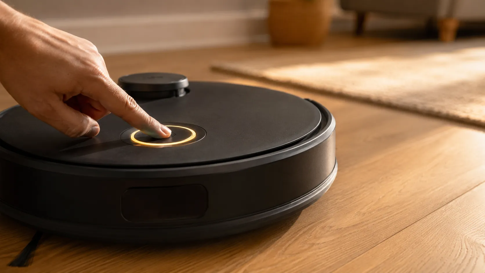 Adult pressing the central button on a child-locked Roomba s9+ as the robot responds without starting, confirming the button hardware works.