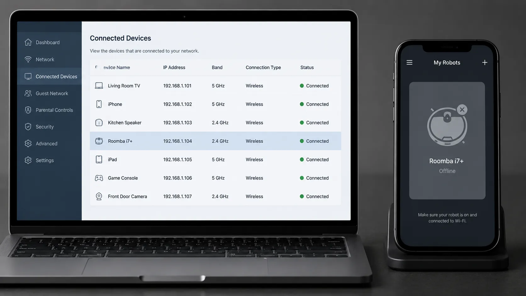 Laptop showing the Roomba connected to the router while a smartphone displays the same robot as offline in the app.
