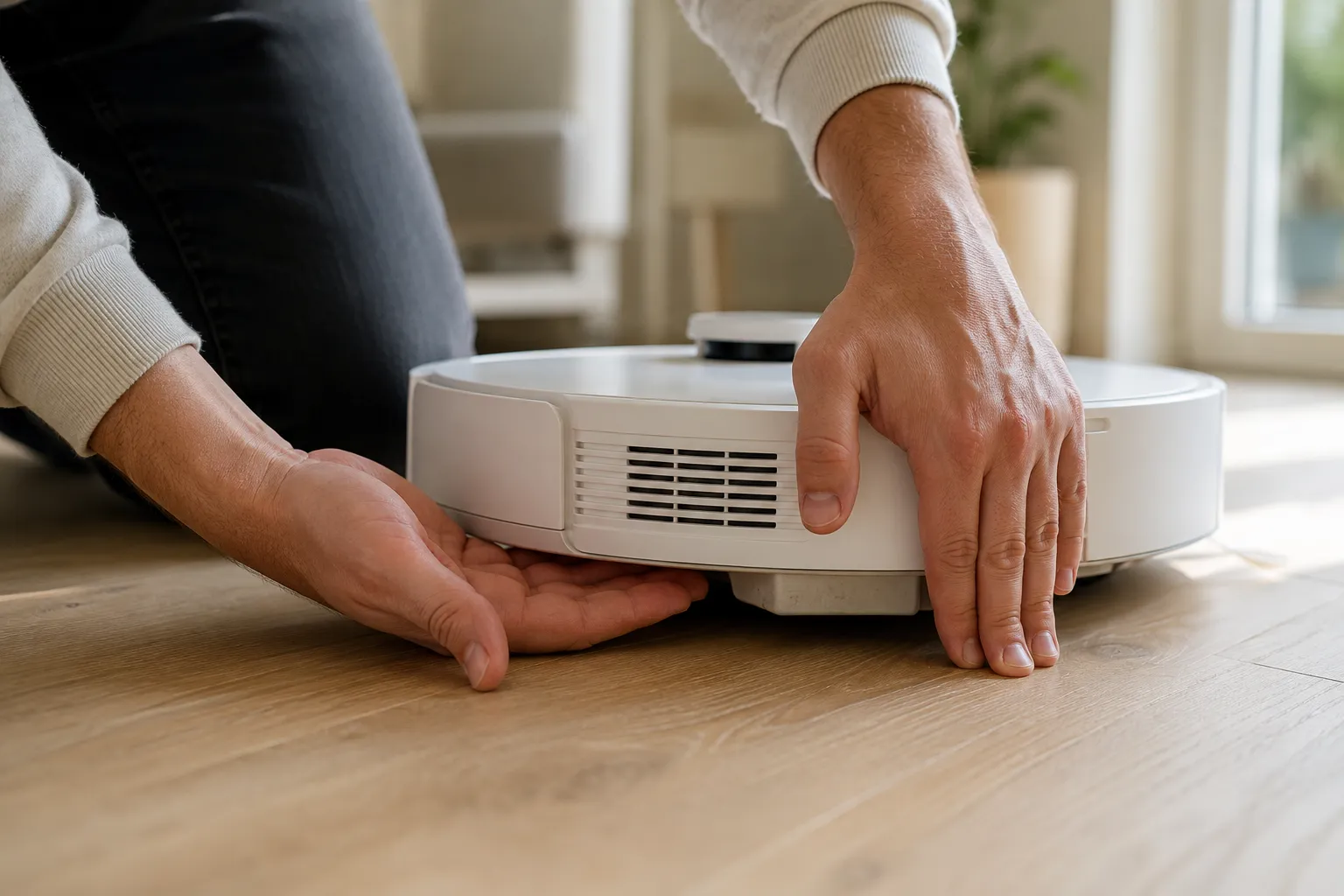 Person testing a robot vacuum by feeling beneath the rear edge for moving extractors while checking airflow from the exhaust vent.