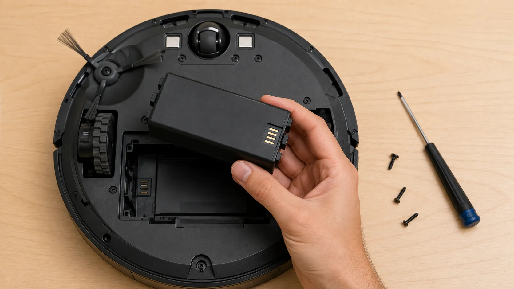 Overhead view of a Roomba i3 battery being lifted from the open compartment, with a screwdriver and loose screws arranged beside the robot.