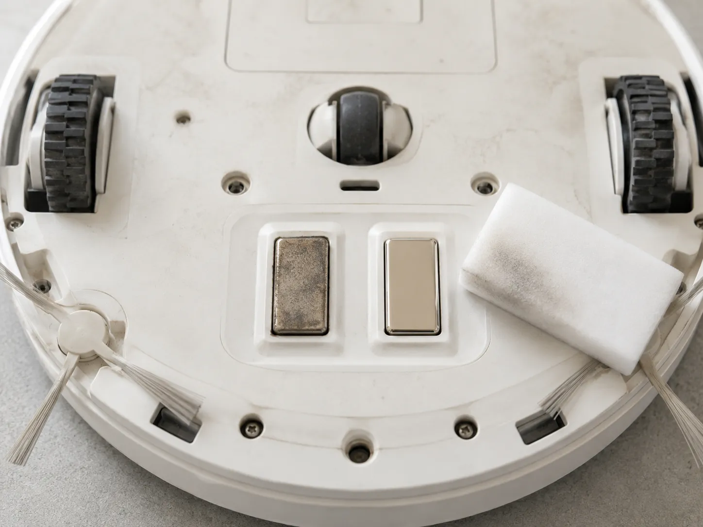 Close-up of a Roomba i3 underside showing one tarnished charging contact, one cleaned contact and a melamine pad beside them.