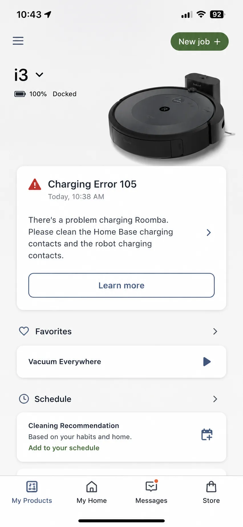Roomba i3 app screen showing a Charging Error 105 alert with instructions to clean the Home Base and robot charging contacts.