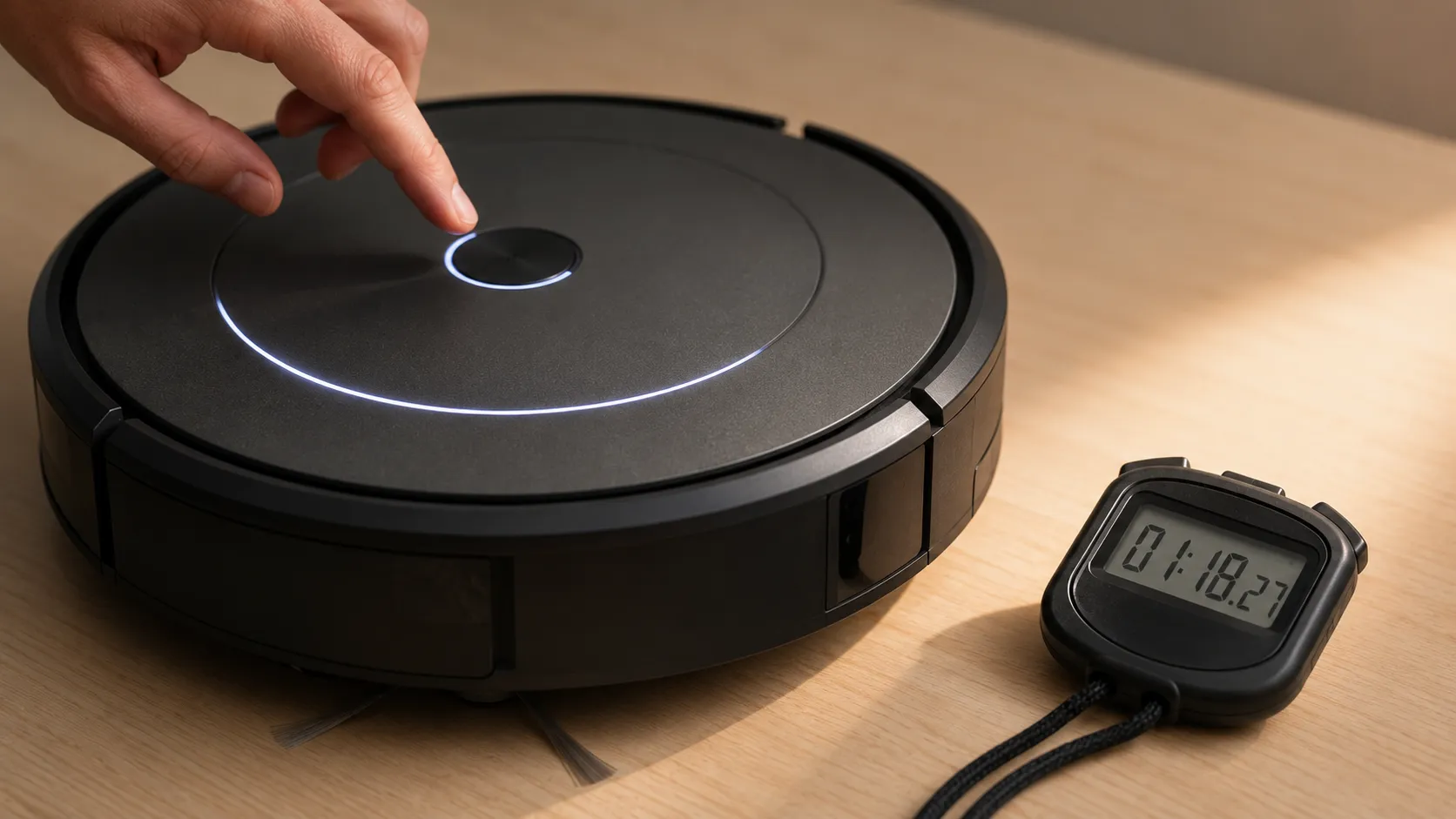 Roomba i3 reboot test showing the light ring active beside a stopwatch reading approximately 78 seconds after the central button was released.