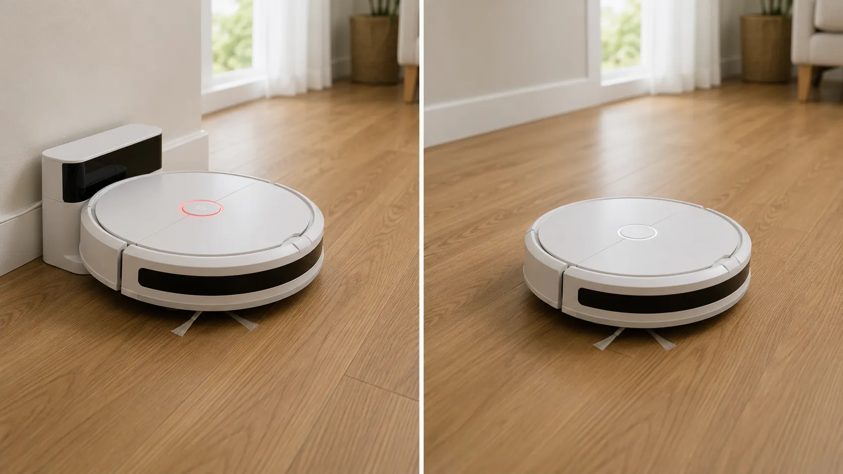 Side-by-side comparison of a Roomba i3 showing a red CLEAN button while unresponsive on its dock and running normally off-dock with a white indicator.