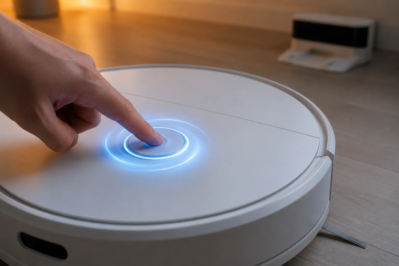 Finger pressing and holding the CLEAN button on a white robot vacuum as the blue light ring swirls to confirm the reboot.
