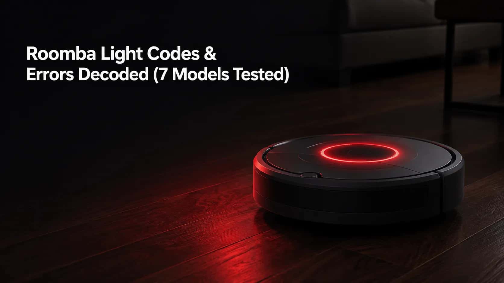 Robot vacuum displaying a glowing red error light on a dark hardwood floor for a guide to Roomba light codes and errors.