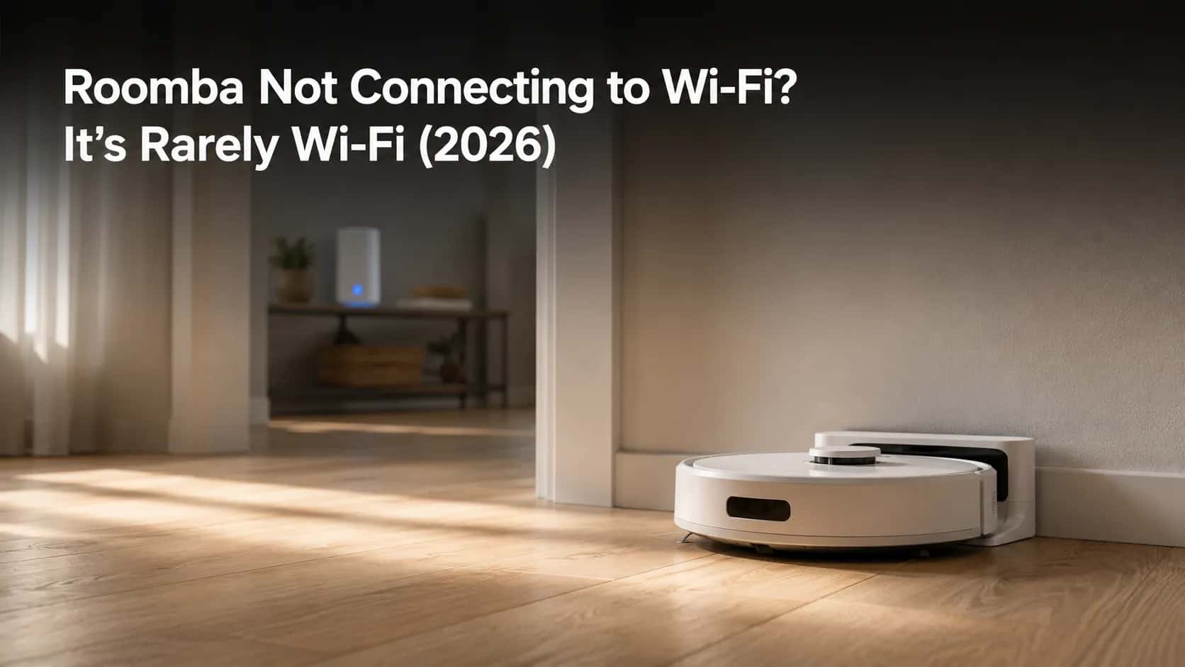 White robot vacuum sitting idle on its charging dock while a Wi-Fi router works in the background, illustrating a Roomba connection problem.