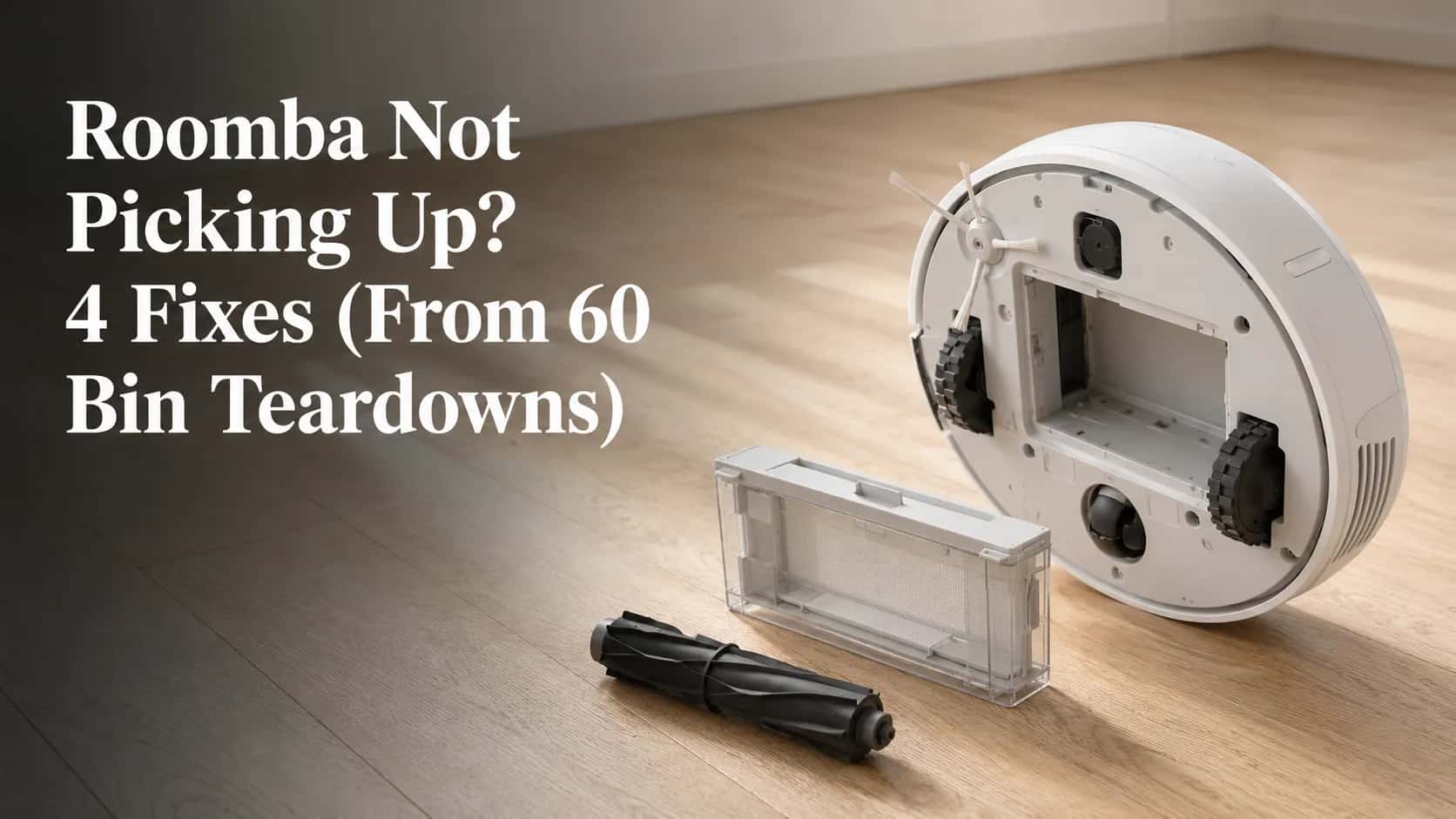 White robot vacuum tipped onto its side with the dust bin removed and a black roller beside it, illustrating four fixes for a Roomba not picking up debris.