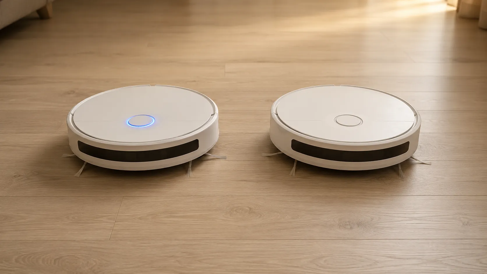 Two white robot vacuums side by side, with one showing a blue pairing-mode light ring and the other showing no illumination.