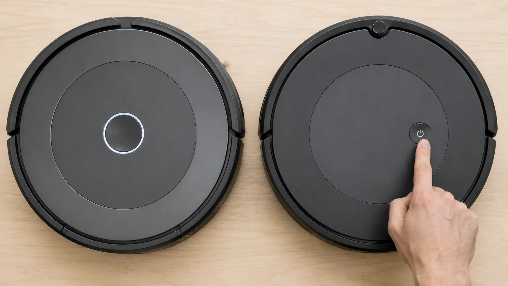 Overhead comparison of two robot vacuums showing the classic central CLEAN button on the left and the newer offset POWER button on the right.