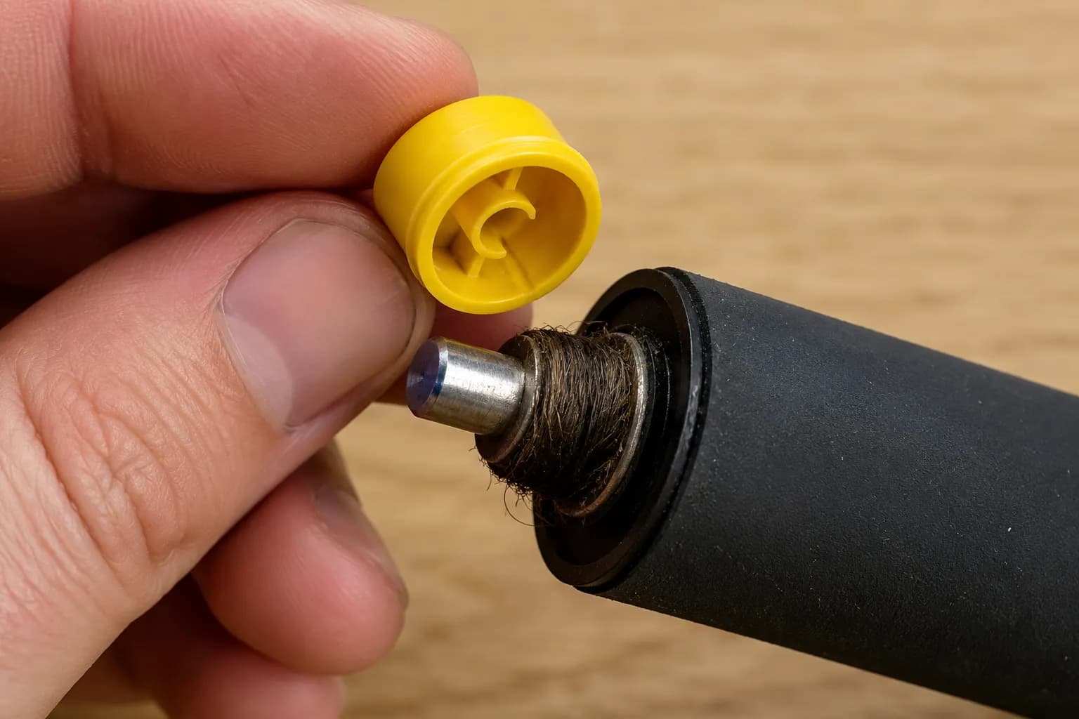 Close-up of a Roomba roller with the yellow end cap removed, revealing tightly wound hair around the exposed metal axle.