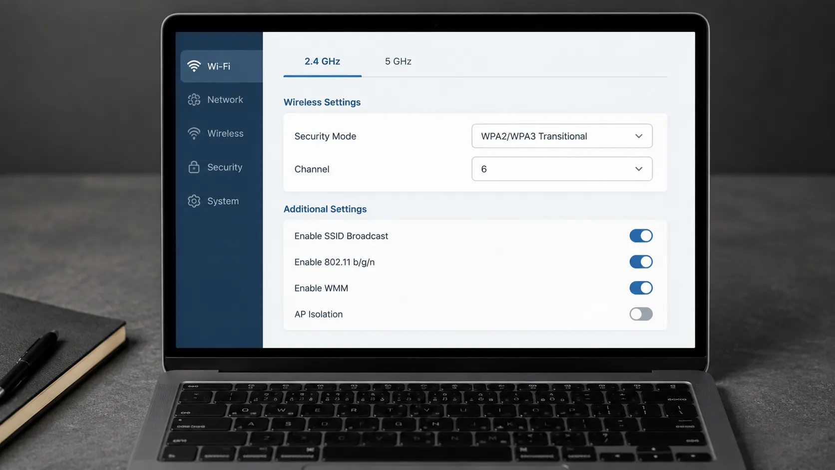 Laptop showing router settings configured to WPA2/WPA3 Transitional mode with the 2.4 GHz Wi-Fi channel set to 6.