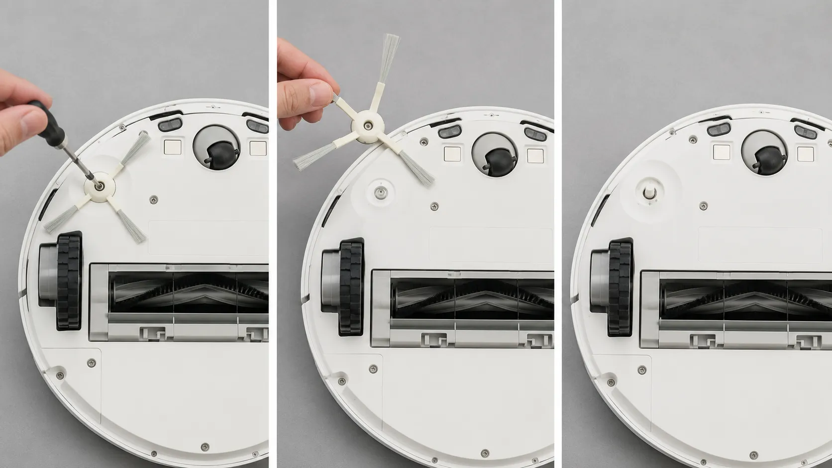 Three-panel guide showing a Roomba side brush screw removal, the brush lifted from its shaft, and the cleaned shaft exposed.
