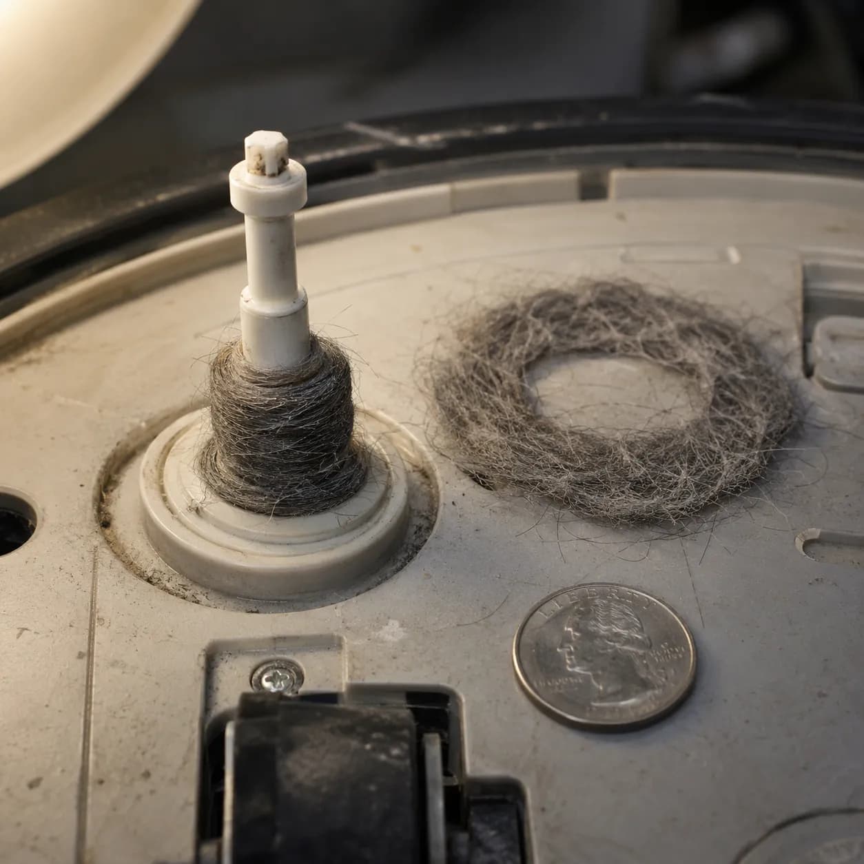 Roomba side brush shaft wrapped with compressed hair beside the removed hair collar and a quarter for scale.