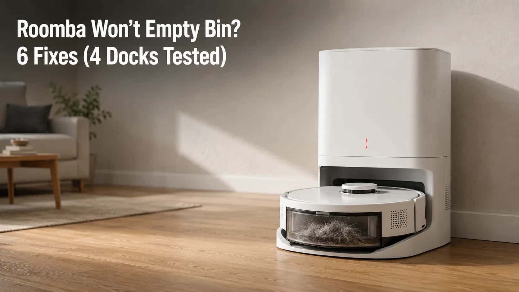 Self-emptying Roomba on its dock with a visibly full dust bin and red warning light, featuring the title “Roomba Won’t Empty Bin? 6 Fixes (4 Docks Tested).”