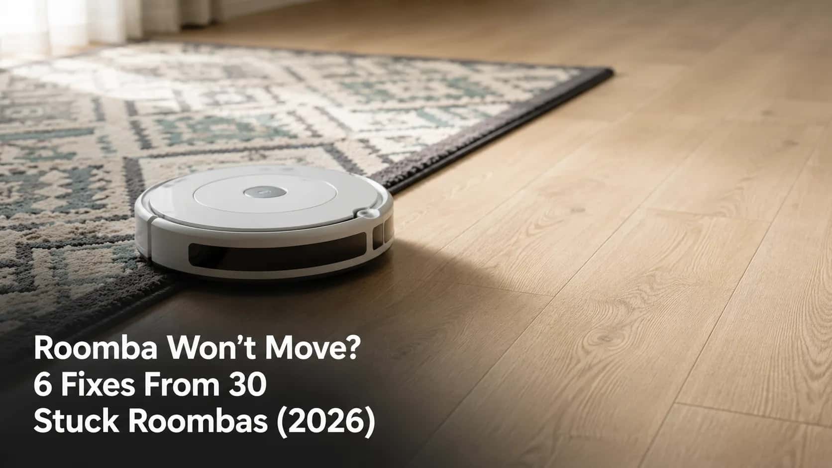 White robot vacuum stuck at the edge of a dark patterned rug on a pale oak floor.