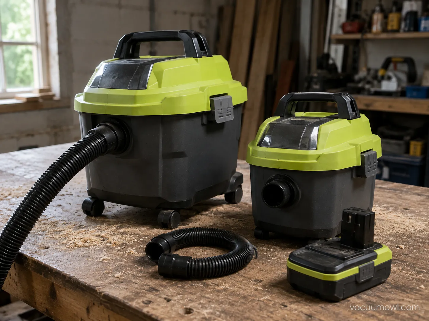 Two Ryobi ONE+ wet/dry vacuums tested on a workbench.